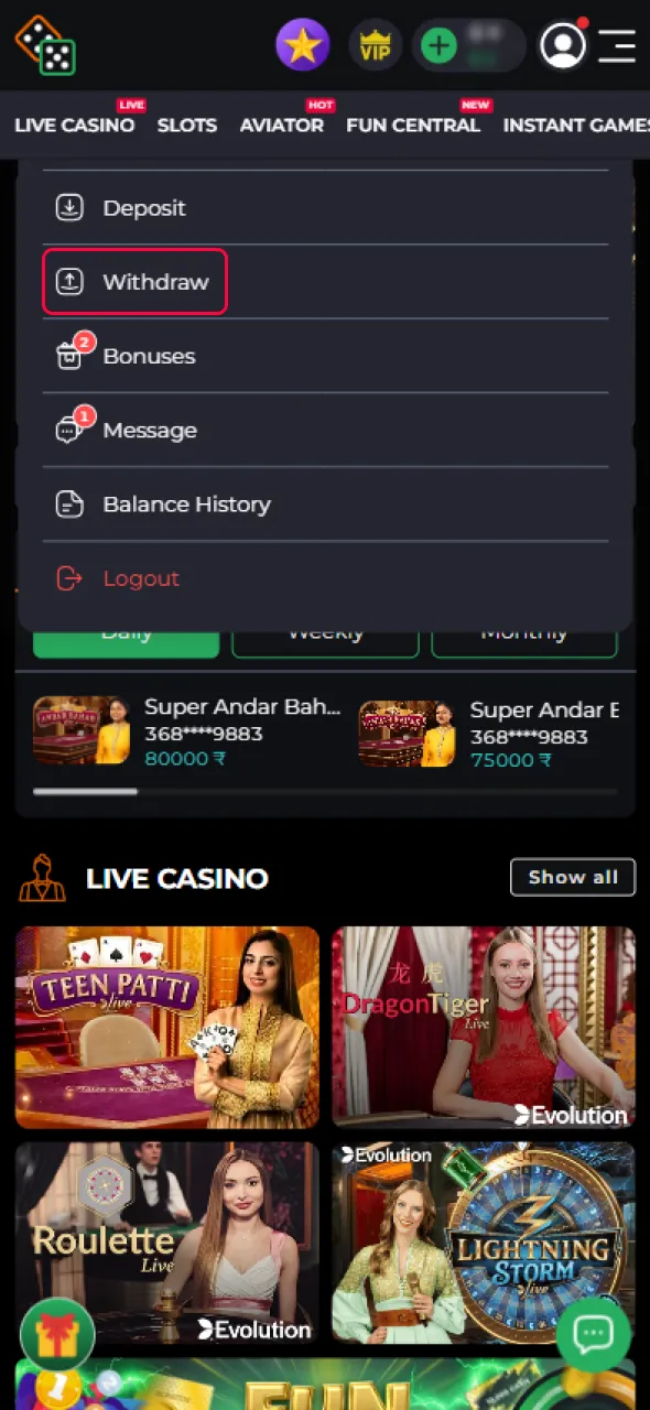 Access the wallet section on the 9Winz platform to manage funds.
