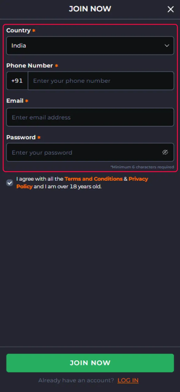Enter the required information to register on the 9Winz platform.